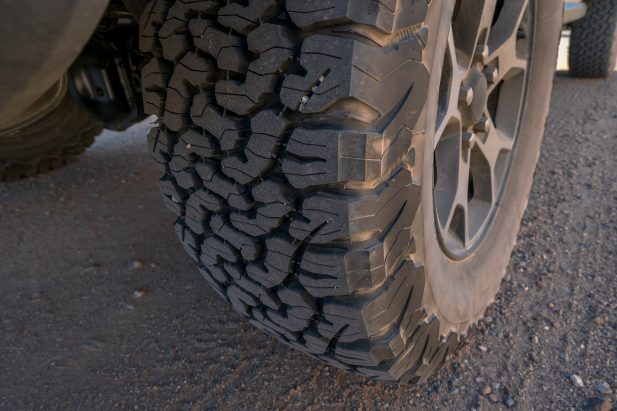 Detail of all terrain tyre tread pattern.