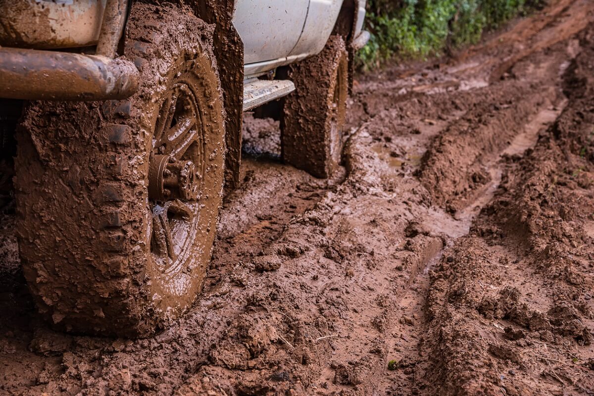All terrain tyres covered in mud.