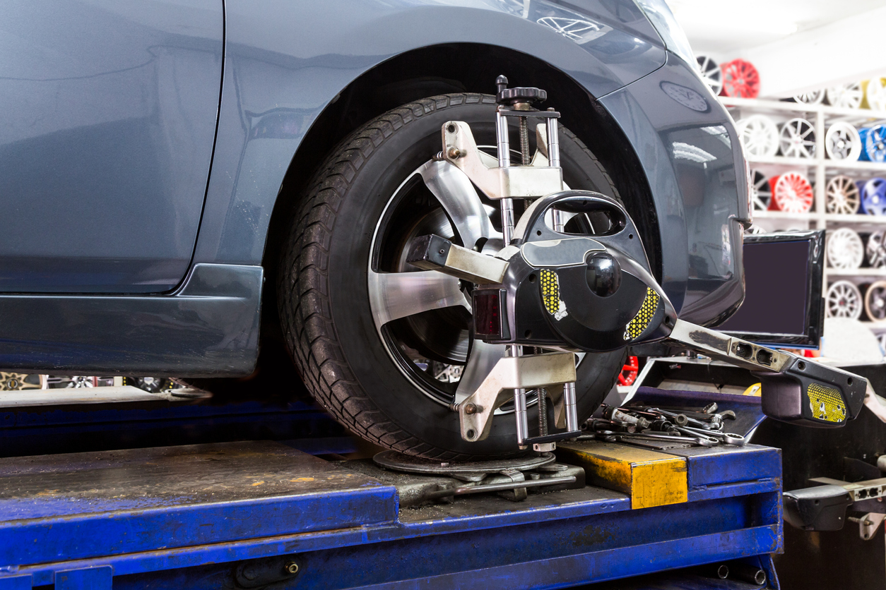 A vehicle having a wheel alignment performed.