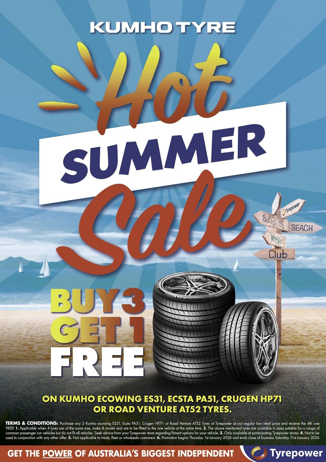 Promotional image for a buy 3 get 1 free sale on select Kumho tyres, showing a stack of tyres near the beach and words 'hot summer sale'