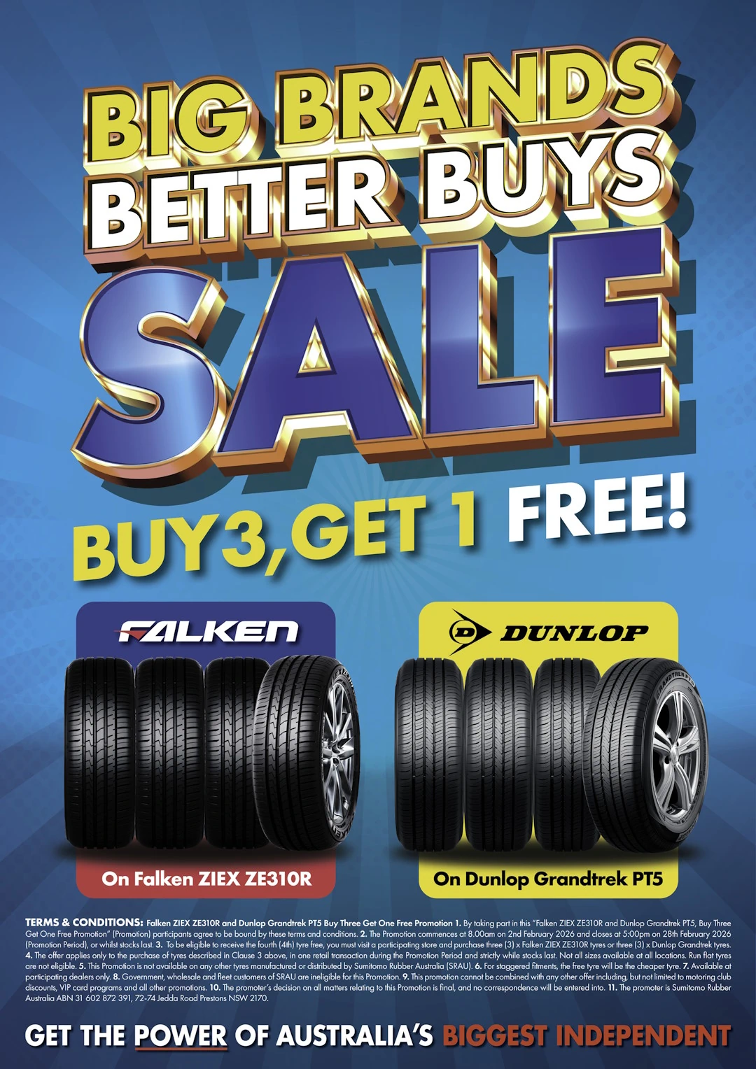 Promotional image for a buy 3 get 1 free sale on select Dunlop and Falken tyres, showing two stacks of tyres next to each other on a blue background