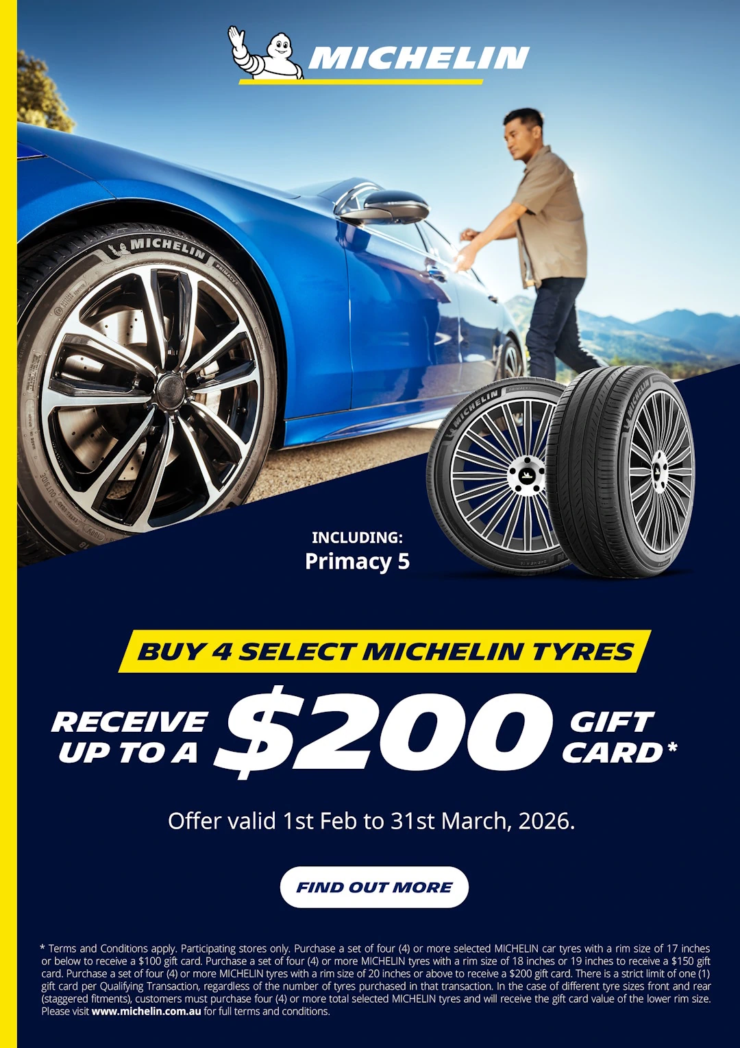 Promotional image for a $200 gift card deal, showing a man about to enter a blue luxury car, and two Michelin brand tyres standing upright.