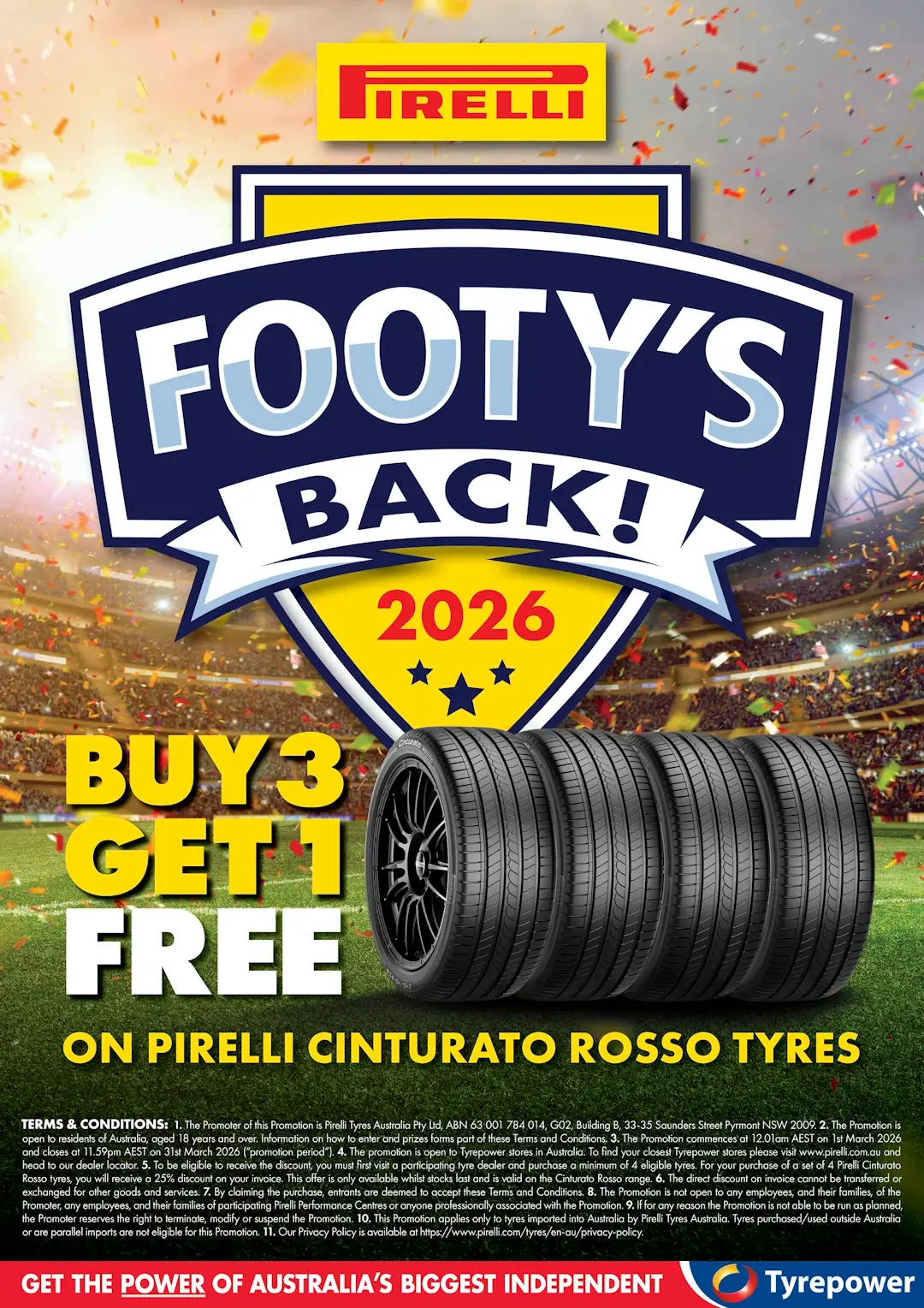 Promotional image for a '443' tyre deal, with 4 tyres in the middle of an AFL stadium, and the title 'Footy is back!'