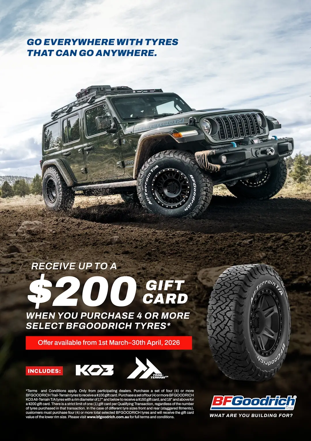 Promotional image for a $200 gift card deal, showing a 4WD vehicle crossing a muddy trail.