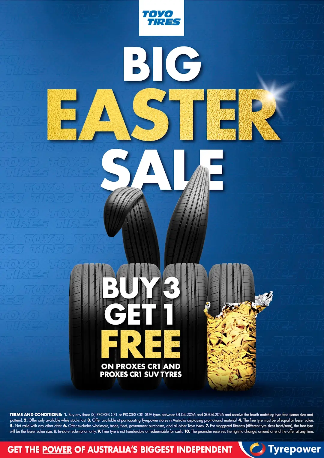 Promotional image for buy 3 get 1 free sale, for Toyo tyres Proxes CR1 and Proxes CR1 SUV