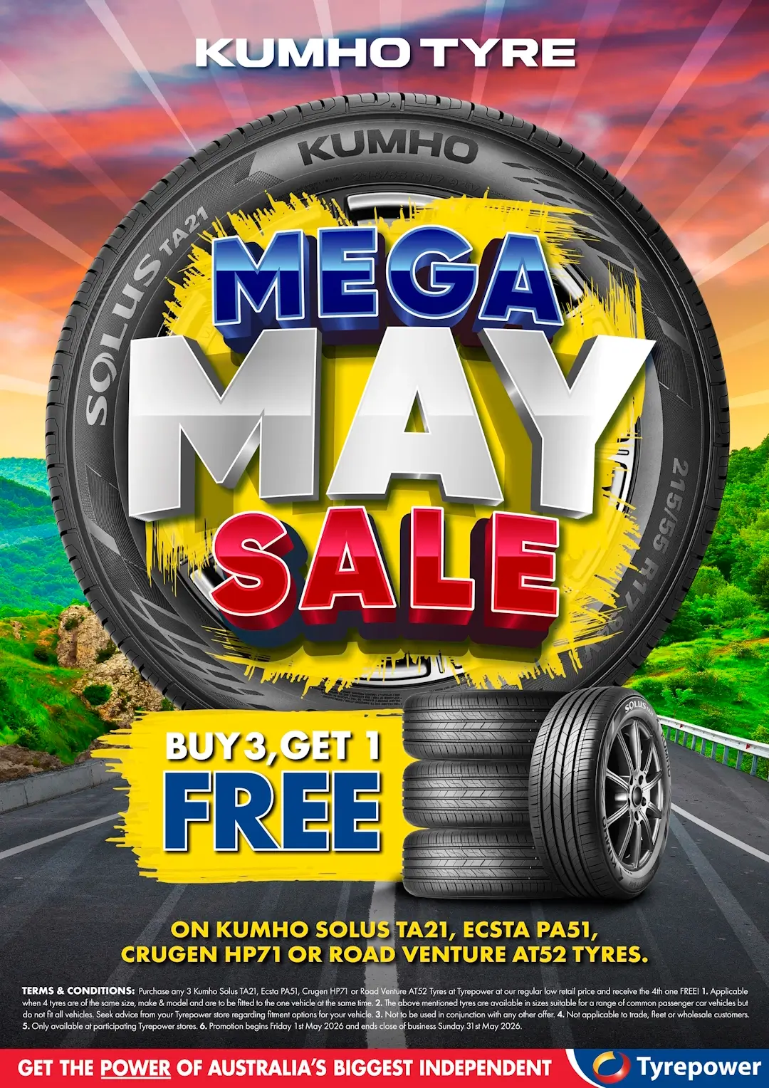 Promotional image for buy 3 get 1 free sale, for Kumho Solus TA21, Ecsta PA51, Crugen HP71, and Road Venture AT52 Tyres