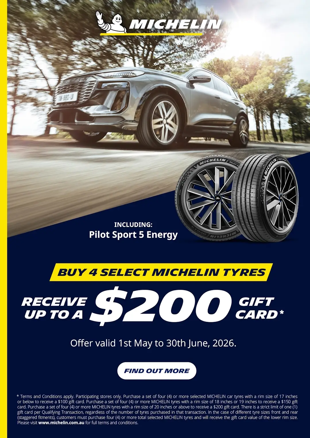 Promotional image for a $200 gift card deal, showing an SUV driving down a road lined with trees.