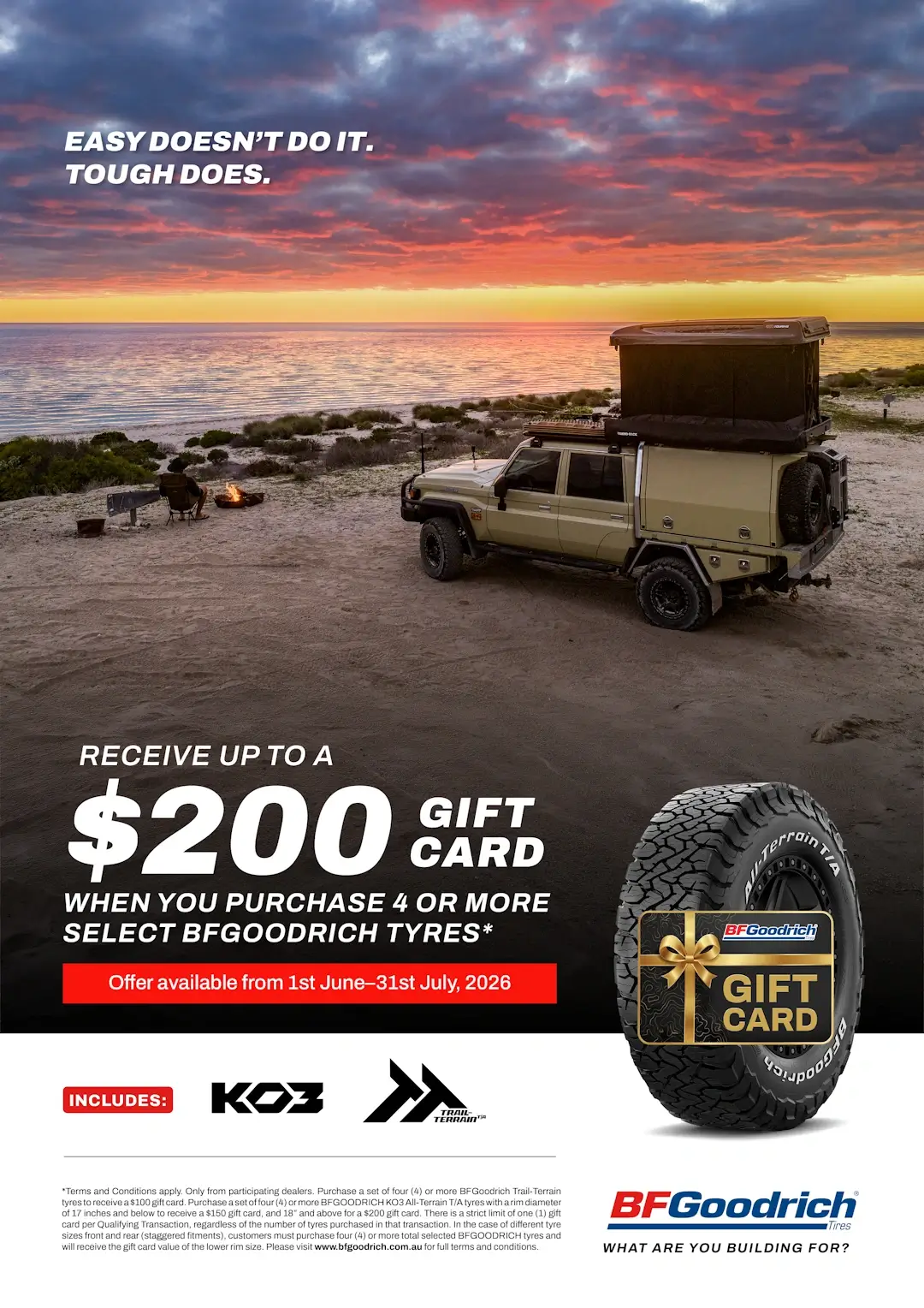 Promotional image for a $200 gift card deal, showing a 4WD parked on a beach with a sunset.