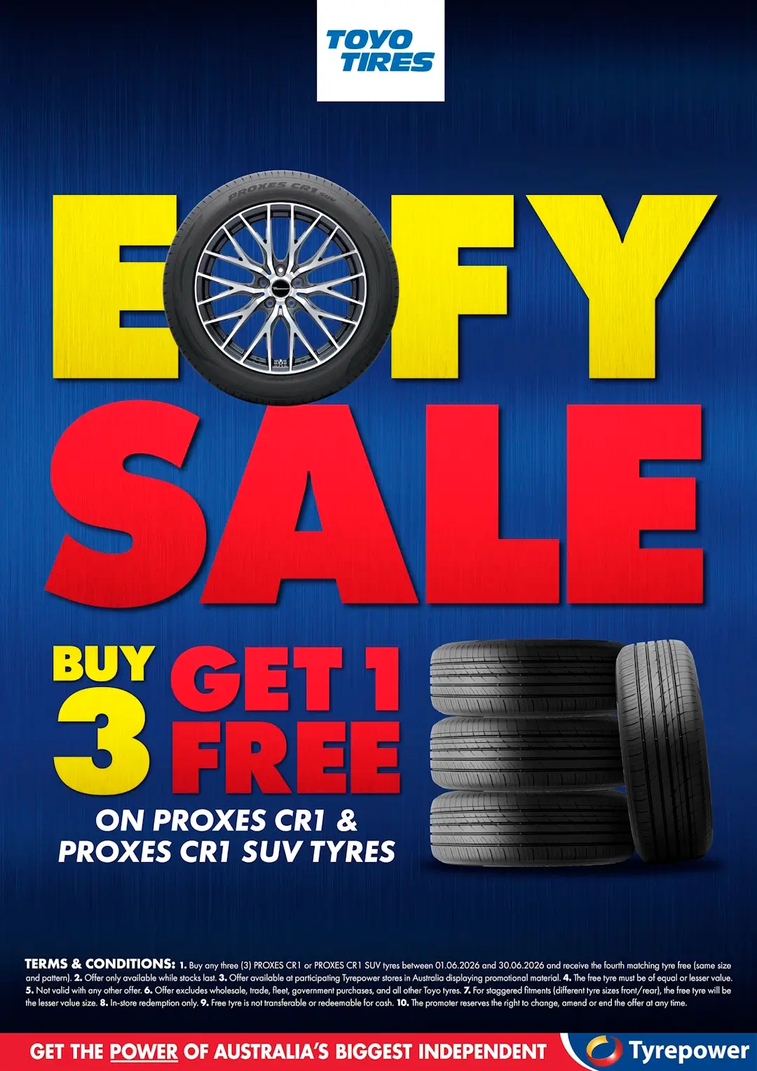 Promotional image for buy 3 get 1 free sale, for Toyo Proxes CR1 and CR1 SUV type tyres.