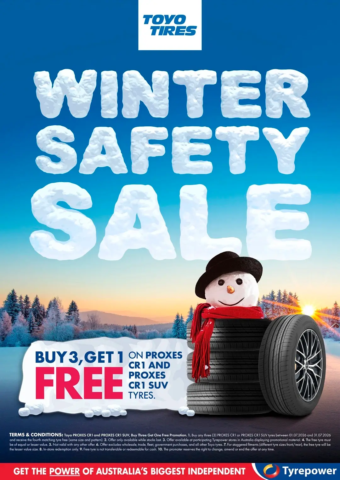 Promotional image for buy 3 get 1 free sale, for Toyo Proxes CR1 and CR1 SUV type tyres, featuring a snowman in a stack of tyres in a winter landscape.