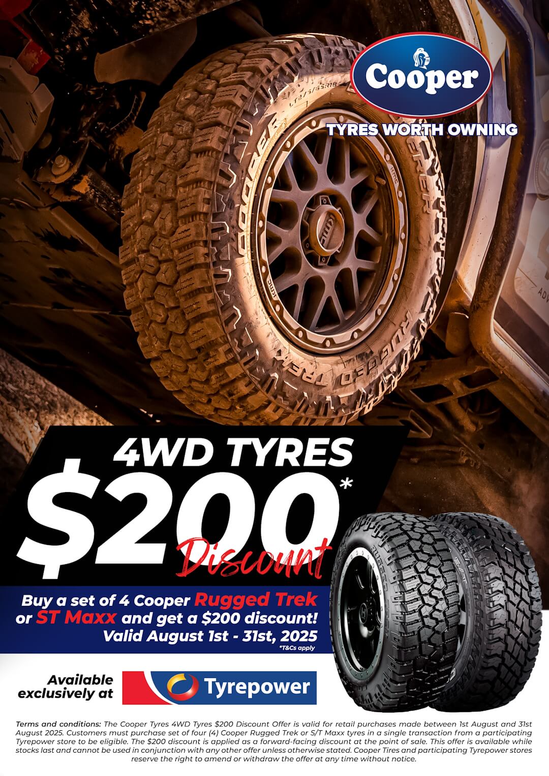 Promotional poster for a $200 discount promotion on Cooper 4WD tyres Rugged Trek and ST Maxx.