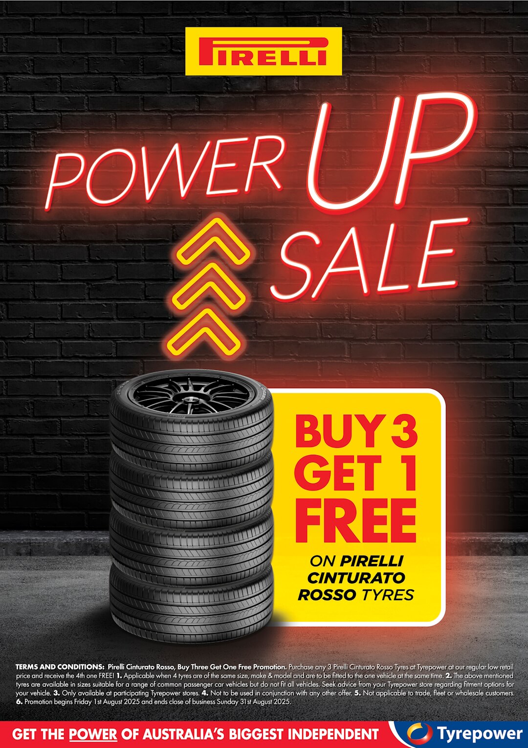 Promotional poster for a buy 3 get 1 free sale on Pirelli Cinturato Rosso tyres.