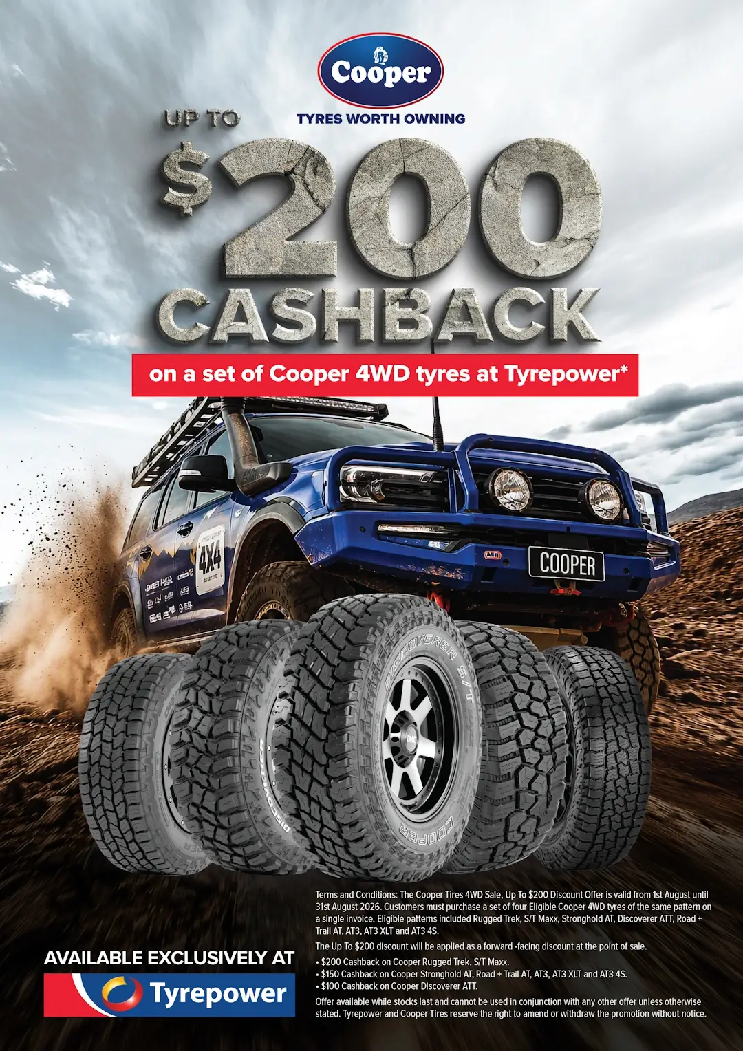 Promotional image for $200 cashback offer, for select 4WD Cooper branded tyres from Tyrepower. Features 4WD driving through the mud with a stack of 4WD pattern tyres standing up in front.