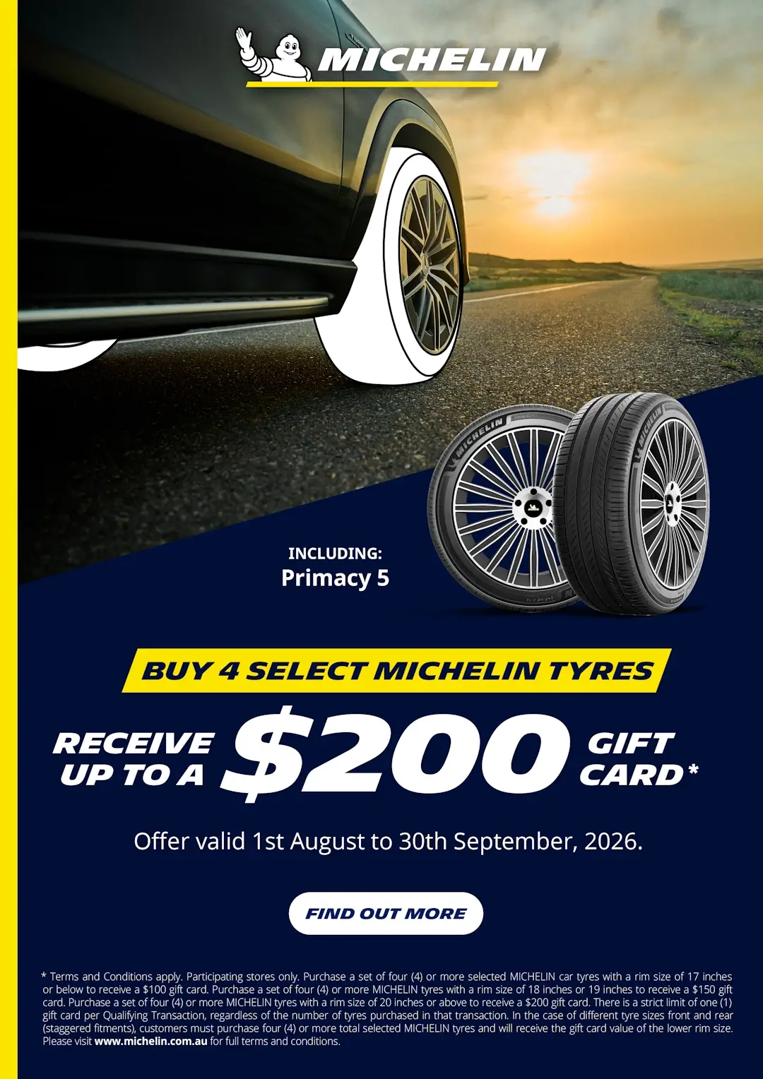Promotional image for $200 gift card offer, for select Michelin brand tyres from Tyrepower. Features an angled photo of a car on a highway, with a sunset in the distance.