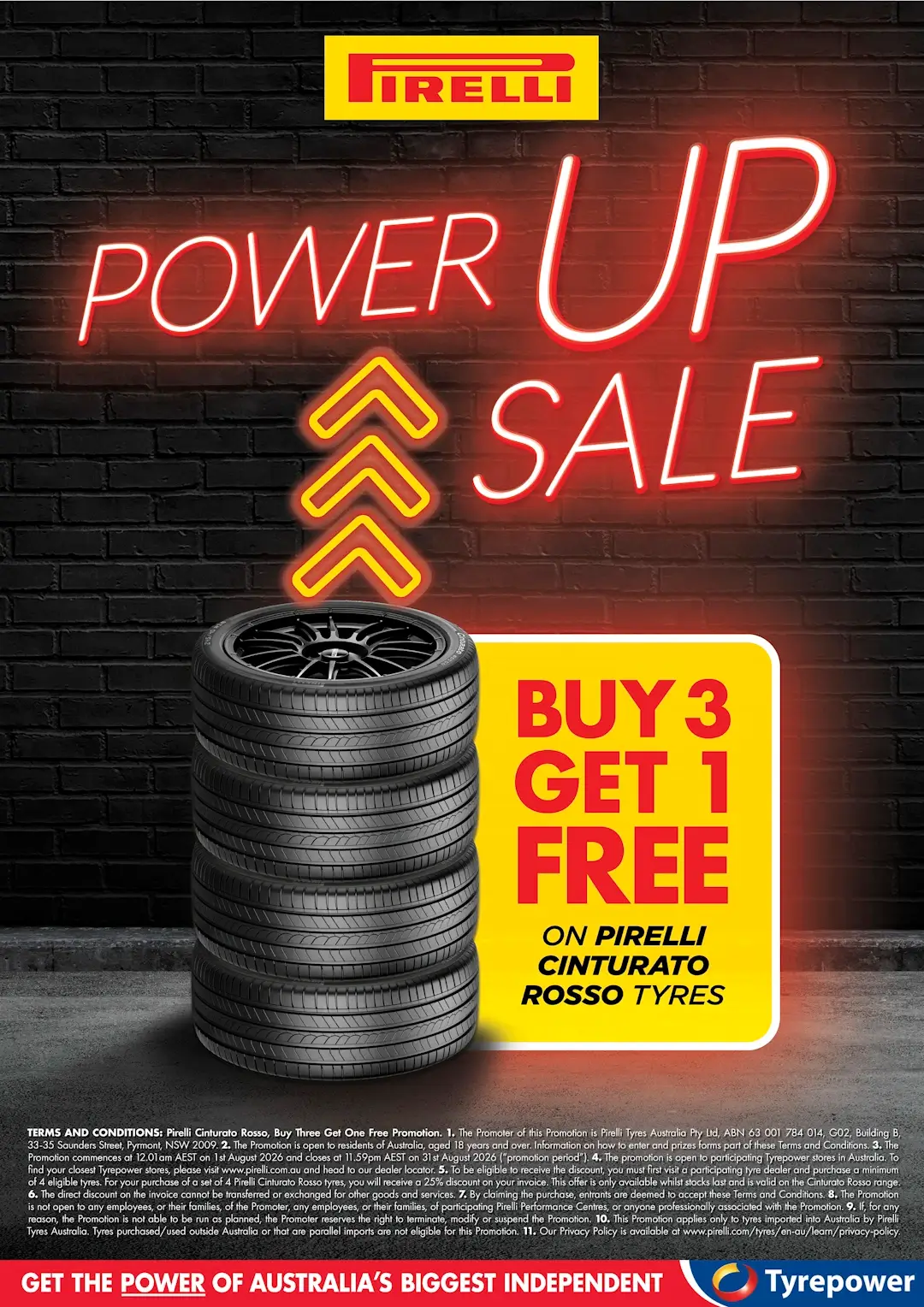 Promotional image for buy 3 get 1 free sale, for Pirelli Cinturato Rosso tyres. Features a stack of tyres against a stylised black brick wall, with PowerUp Sale in neon letters above the tyres.
