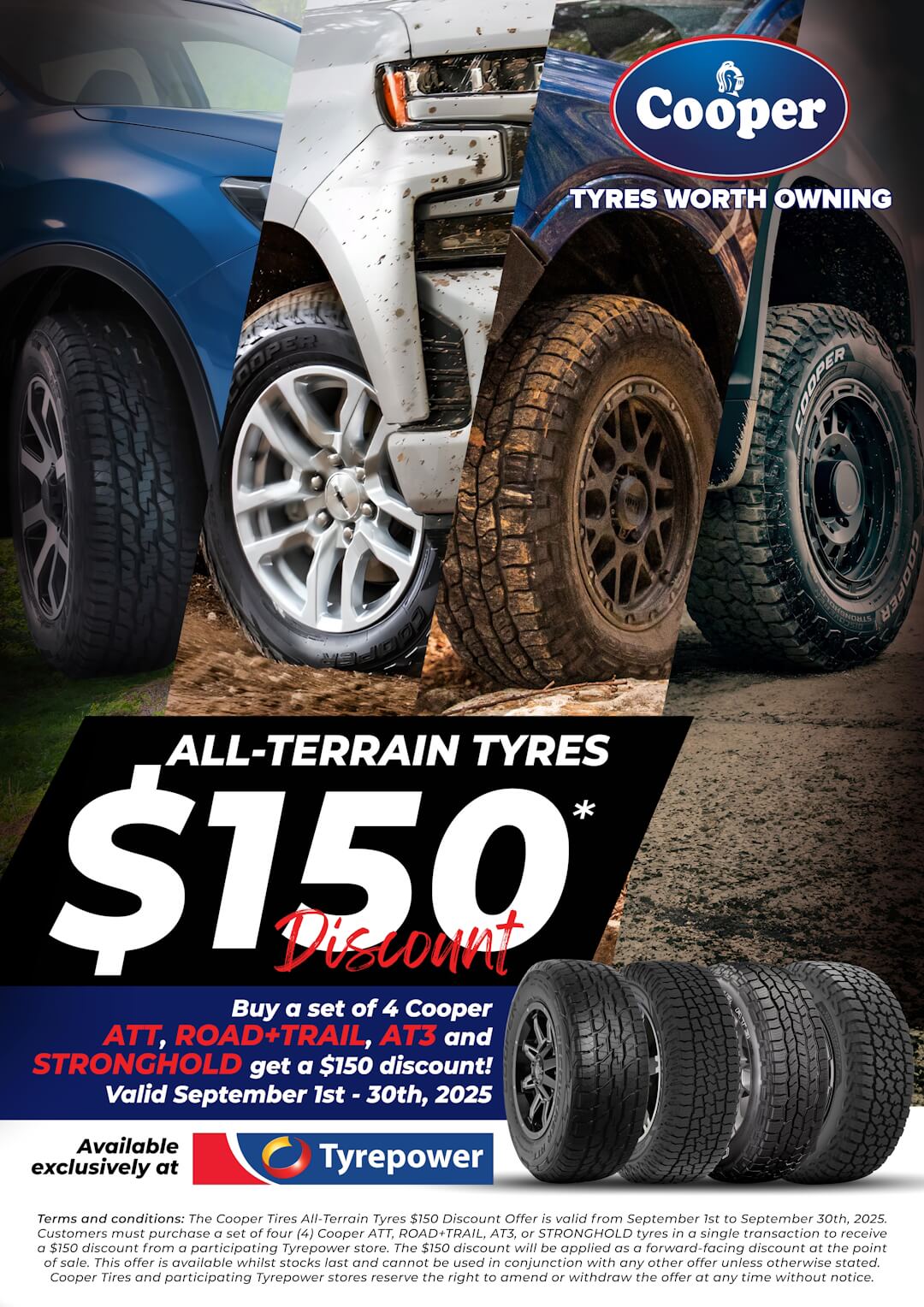 Promotional poster for a $150 discount promotion on Cooper tyres, applies to tyre patterns ATT, Road+Trail, AT3 and Stronghold.
