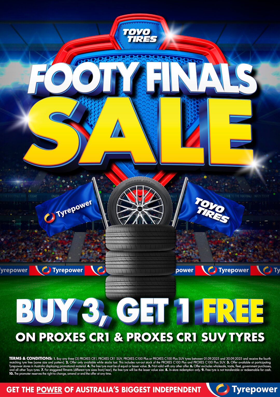 Promotional poster for a buy 3 get 1 free sale Toyo Proxes CR1 tyres - stack of tyres on an AFL ground with heading 'Footy Finals Sale'.