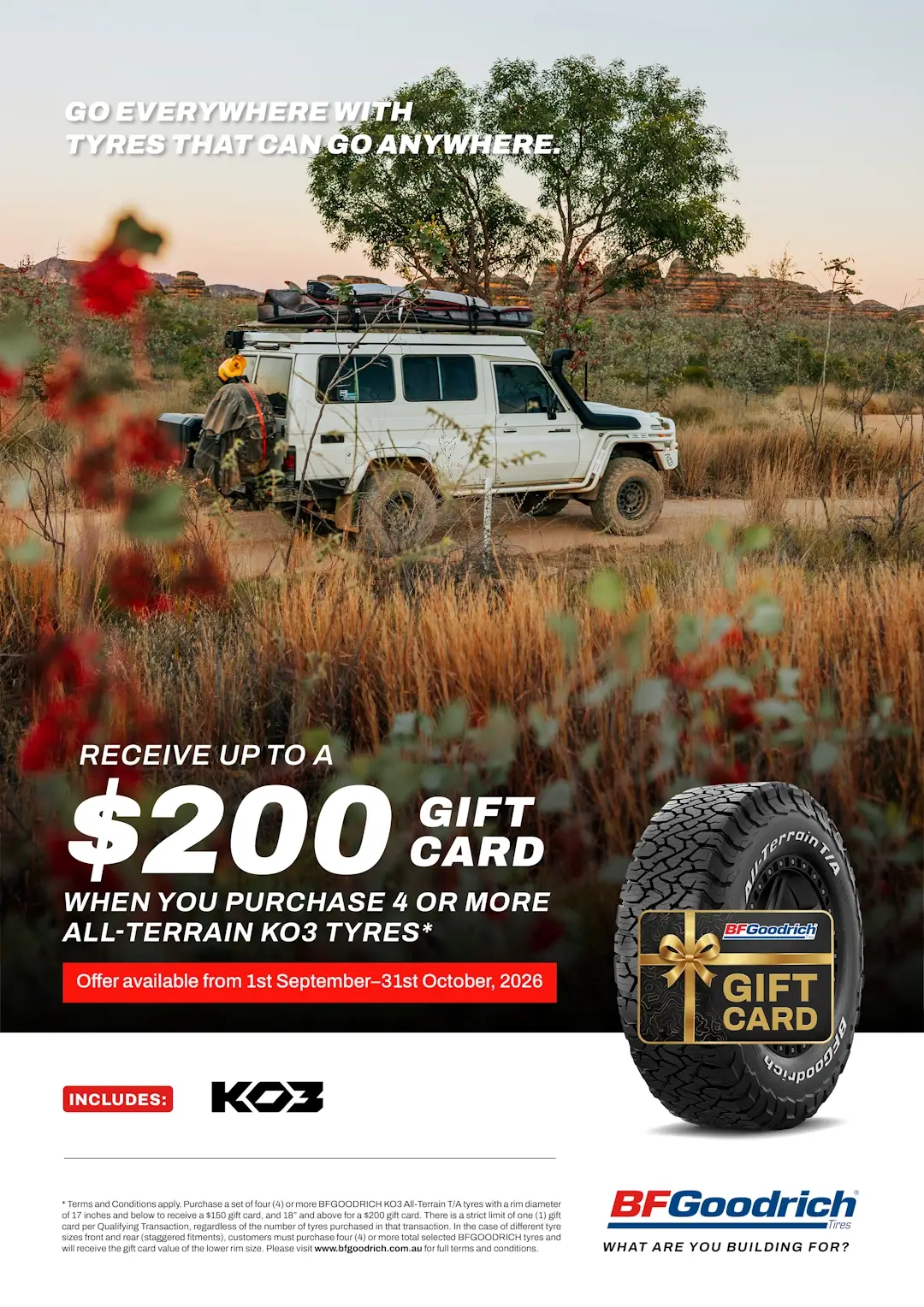 Promotional image for $200 gift card offer, when you buy 4 BFGoodrich KO3 tyres. Features a 4WD driving down a dusty outback road.
