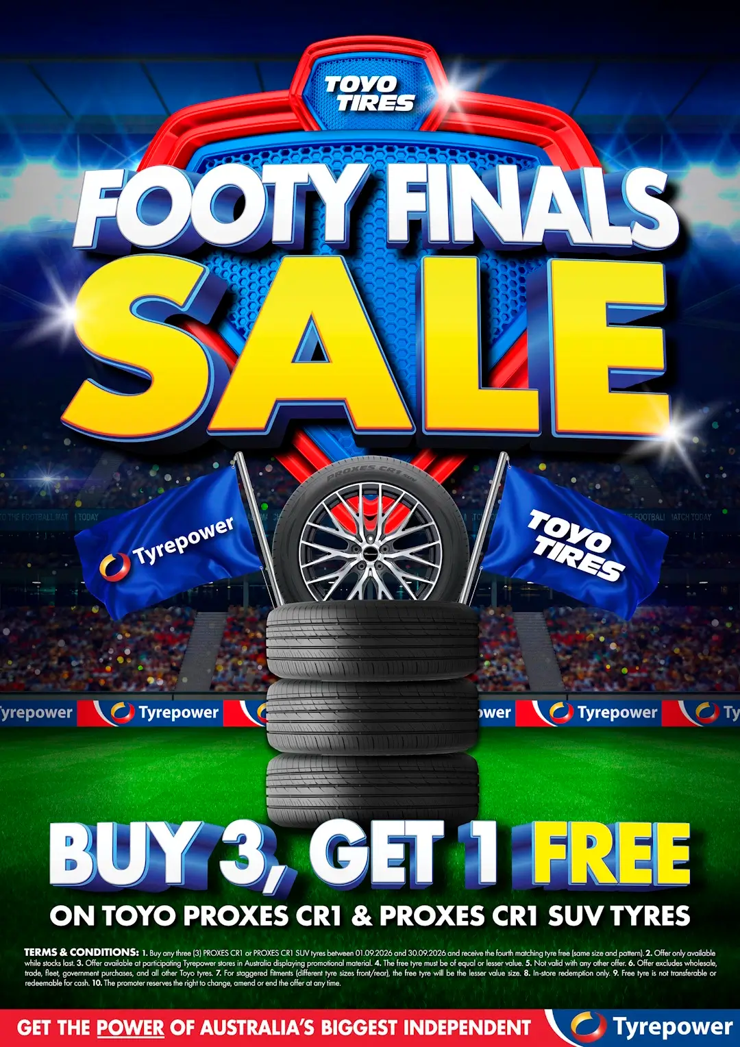 Promotional image for buy 3 get 1 free sale, for Toyo Proxes CR1 and CR1 SUV tyres. Features a stack of tyres in the middle of an AFL ground.