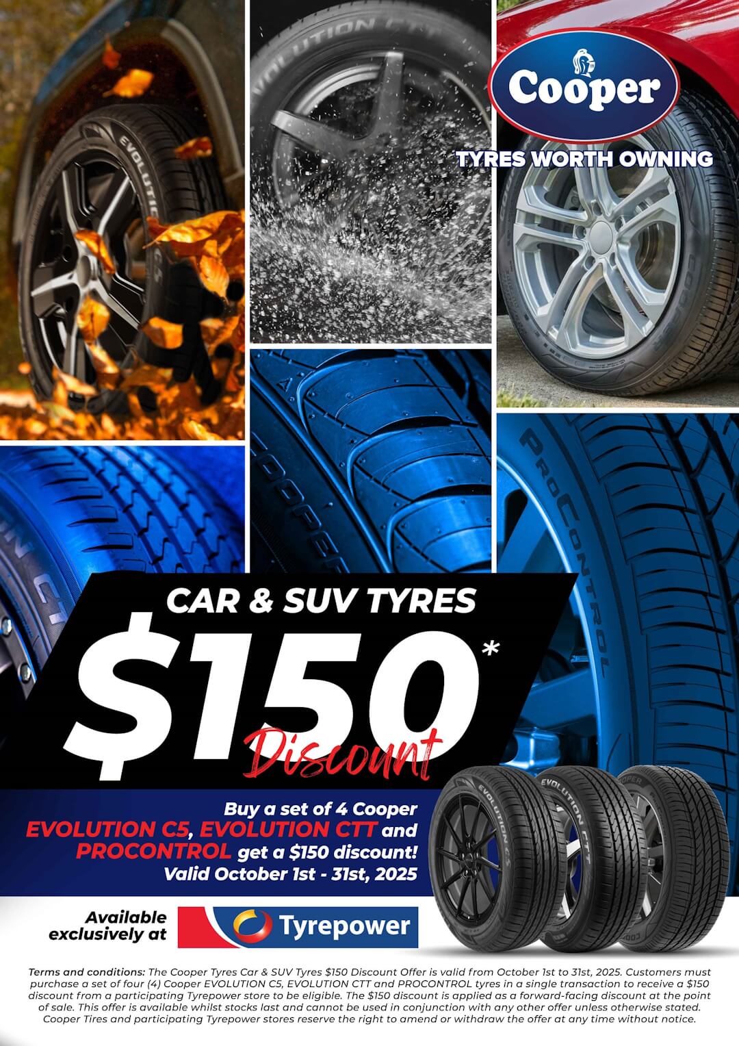 Promotional poster for a $150 discount promotion on Cooper tyres, applies to tyre patterns Evolution C5, Evolution CTT and Procontrol.