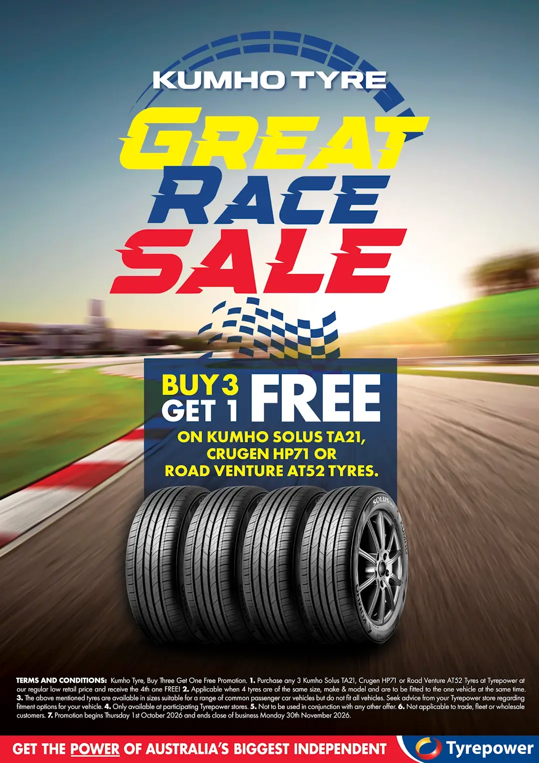 Promotional image for buy 3 get 1 free sale, for select Kumho Tyres. Features 4 tyres positioned in the middle of a race track.