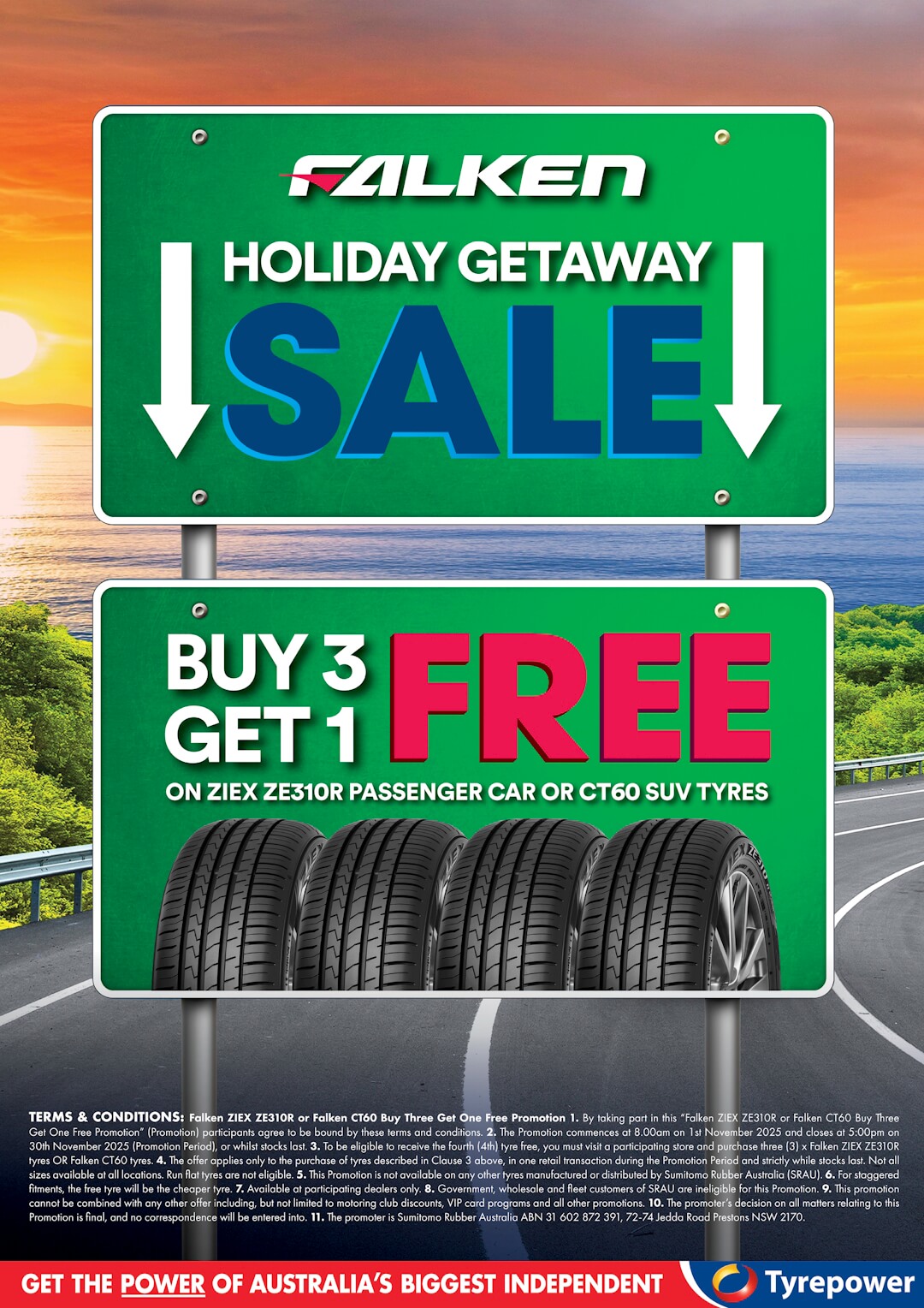 Promotional poster for a buy 3 get 1 free sale on Falken tyres ZIEX ZE310R and CT60 SUV.