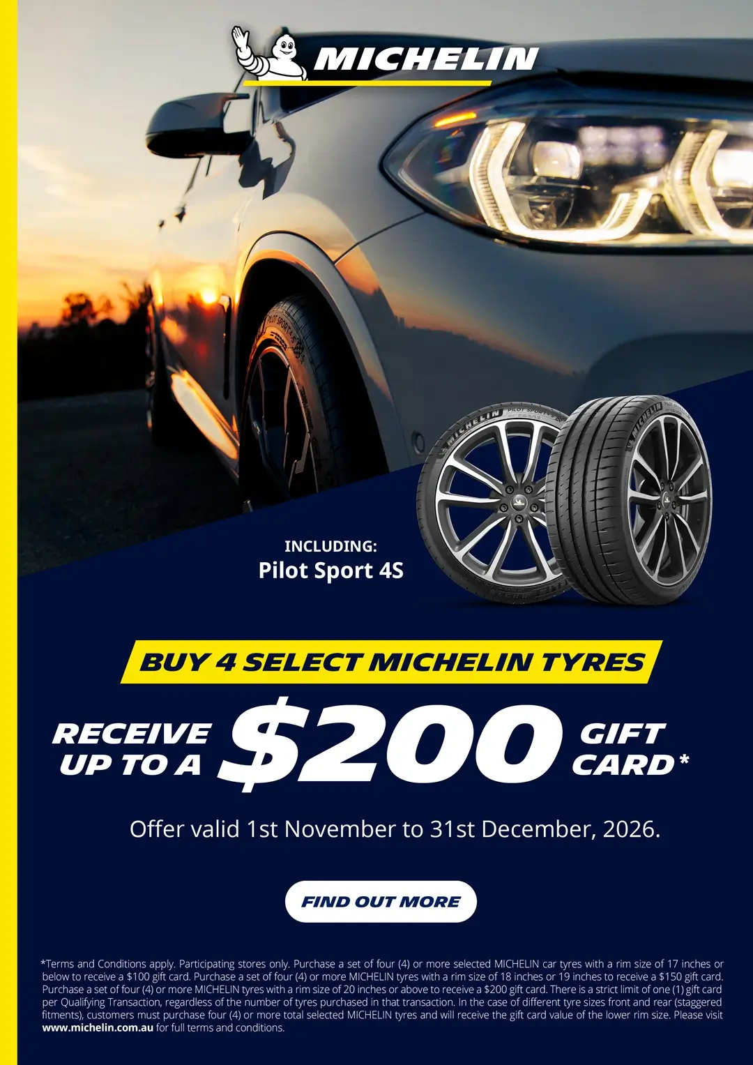Michelin: Buy 4 select tyres, get up to a $200 gift card. Valid 1 Nov – 31 Dec 2026.