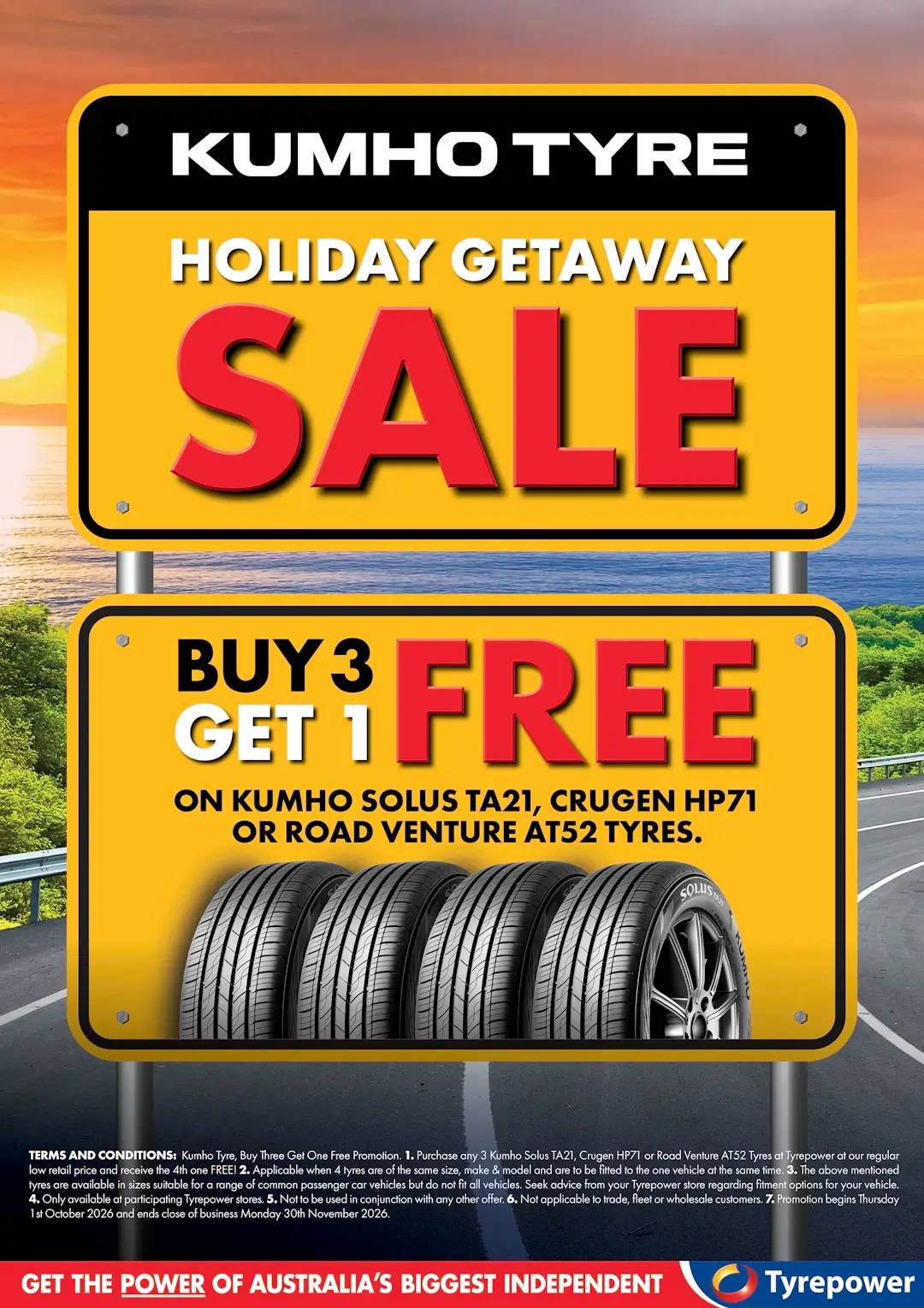 Promotional image for buy 3 get 1 free sale, for select Kumho Tyres. Sign above highway saying Holiday Getaway Sale Buy 3 Get 1 Free.