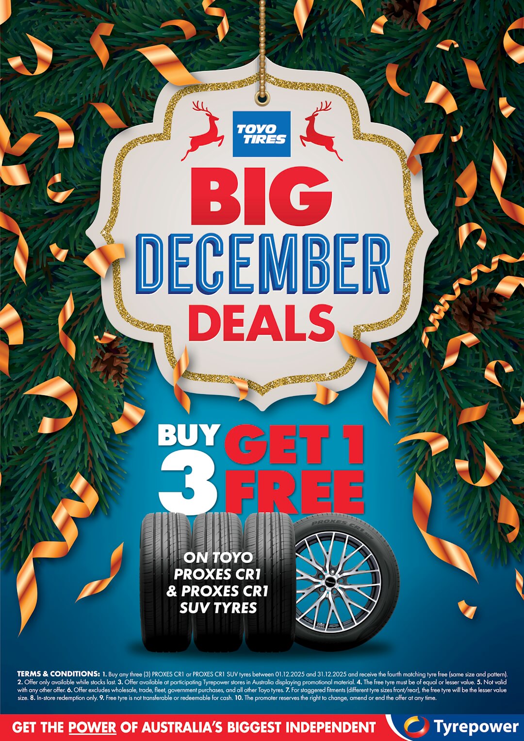 Promotional poster for a buy 3 get 1 free sale on Toyo Proxes CR1 and Proxes CR1 SUV tyres.