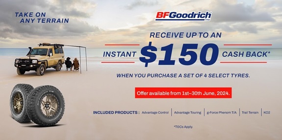 Receive up to an instant $150 cash back when you purchase a set of 4 select tyres