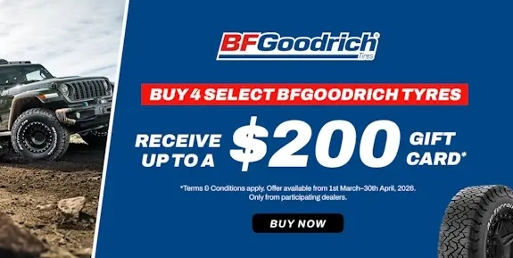 Promo for a $200 gift card, with a 4WD vehicle crossing a muddy trail