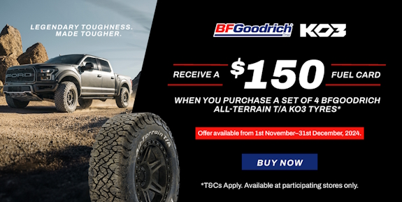 Receive a $150 fuel card with your purchase of 3 BFGoodrich T/A KO3 tyres