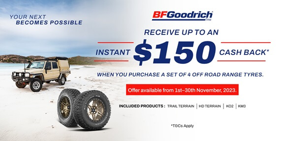 Receive up to an instant $150 when you purchase a set of 4 selected off road range tyres