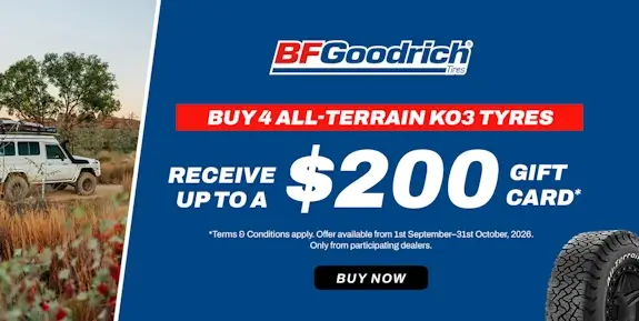 Promo tile for a BFGoodrich $200 gift card promotion, showing a 4WD driving down dusty road.