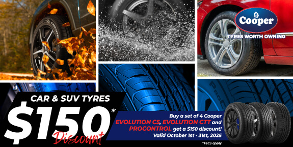 Collage of vehicles driving in different seasons, words '$150 discount on select car and SUV tyres'