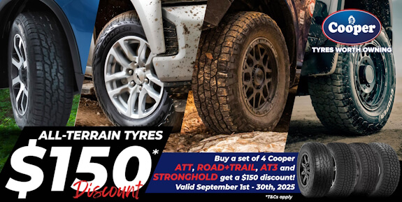 Four diagonally sliced images of different Cooper tyres, going through various terrain.