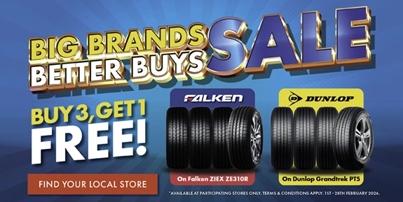 Two stacks of tyres on a blue background with words 'Buy 3 get 1 free'