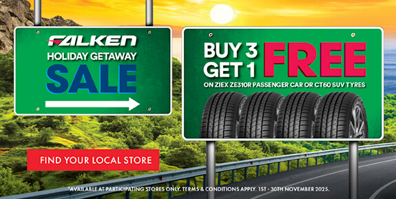 Sign above highway with 4 tyres and text 'Falken buy 3 get 1 free'