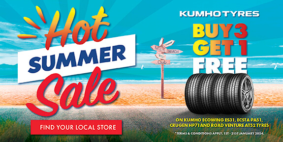 Buy 3, Get 1 Free on Kumho Ecowing ES31, ECSTA PA51, CRUGEN HP71 and Road Venture AT52 Tyres.
