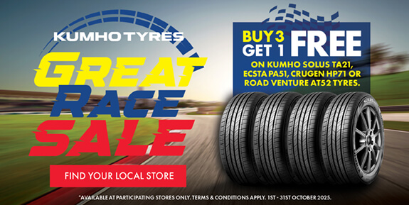 4 tyres standing vertically on a race track, words 'Great Race Sale - buy 3 get 1 free'