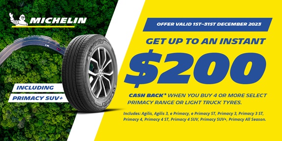 Get up to an instant $200 cash back when you buy 4 or more select Michelin tyres