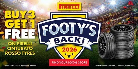 Promo for a 443 tyre sale, with 4 tyres in an AFL Stadium