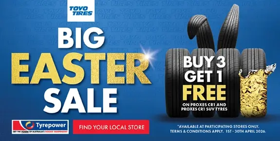 Promo for a 443 tyre sale, 4 tyres standing alongside each other with bunny ears above them.
