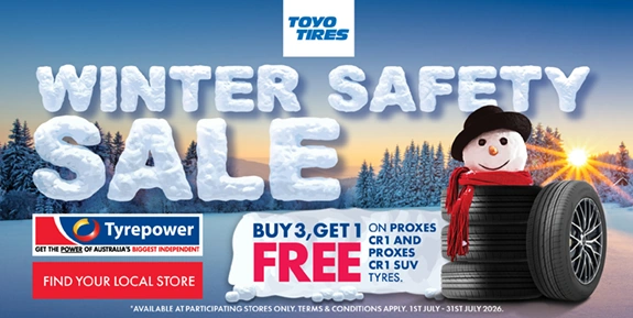 Promo for a buy 3 get 1 free tyre deal on Toyo Proxes CR1, showing a snowman in a stack of tyres.