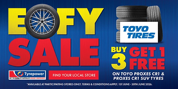 Promotional image for buy 3 get 1 free sale, for Toyo Proxes CR1 and CR1 SUV type tyres.