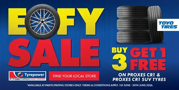 Promotional image for buy 3 get 1 free sale, for Toyo Proxes CR1 and CR1 SUV type tyres.