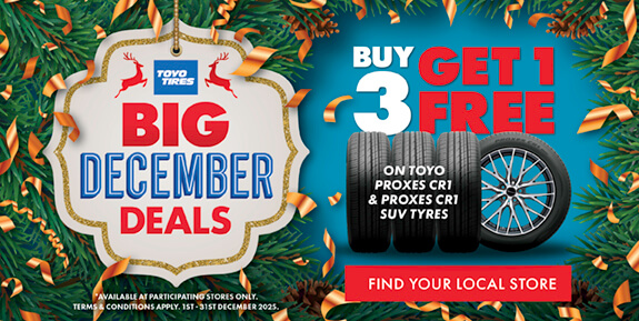 Holiday reef with tyres and words 'Big December Deals Buy 3 Get 1 Free' in middle