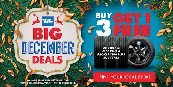 Buy 3 Get 1 Free holiday special tile, showing stack of tyres with promo text